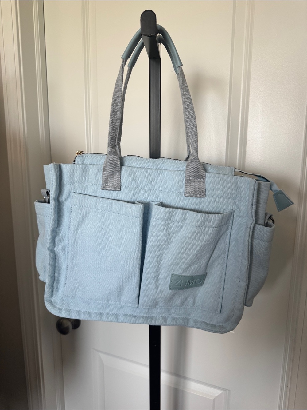 Pale Blue Canvas Tote Bag with Front Pockets